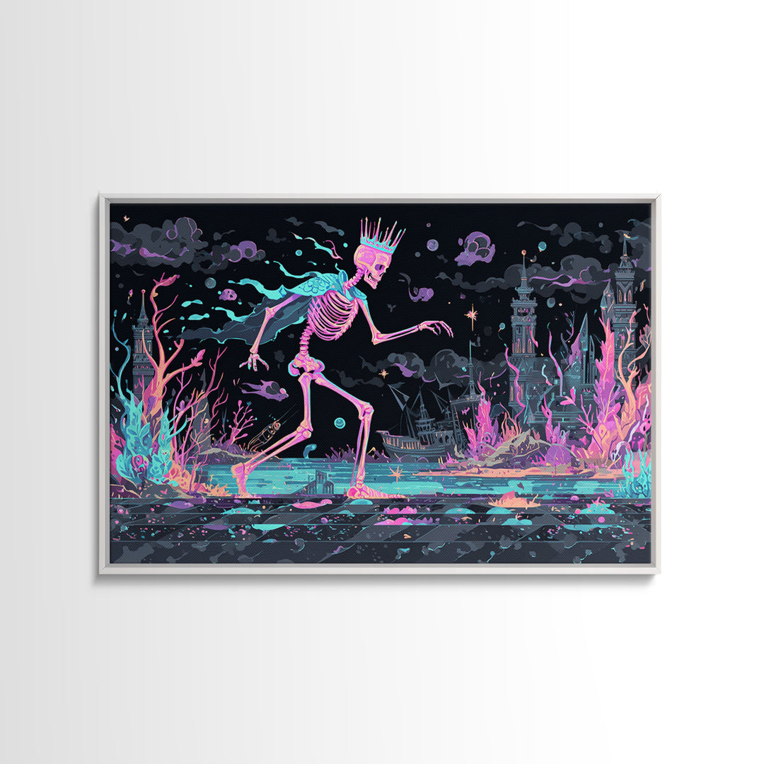 The Salt King Of The Black Shore, Cute Spooky Neon Art, Landscape Wall Art, Canvas Print, Retro Halloween Decor, Neon Wall Art