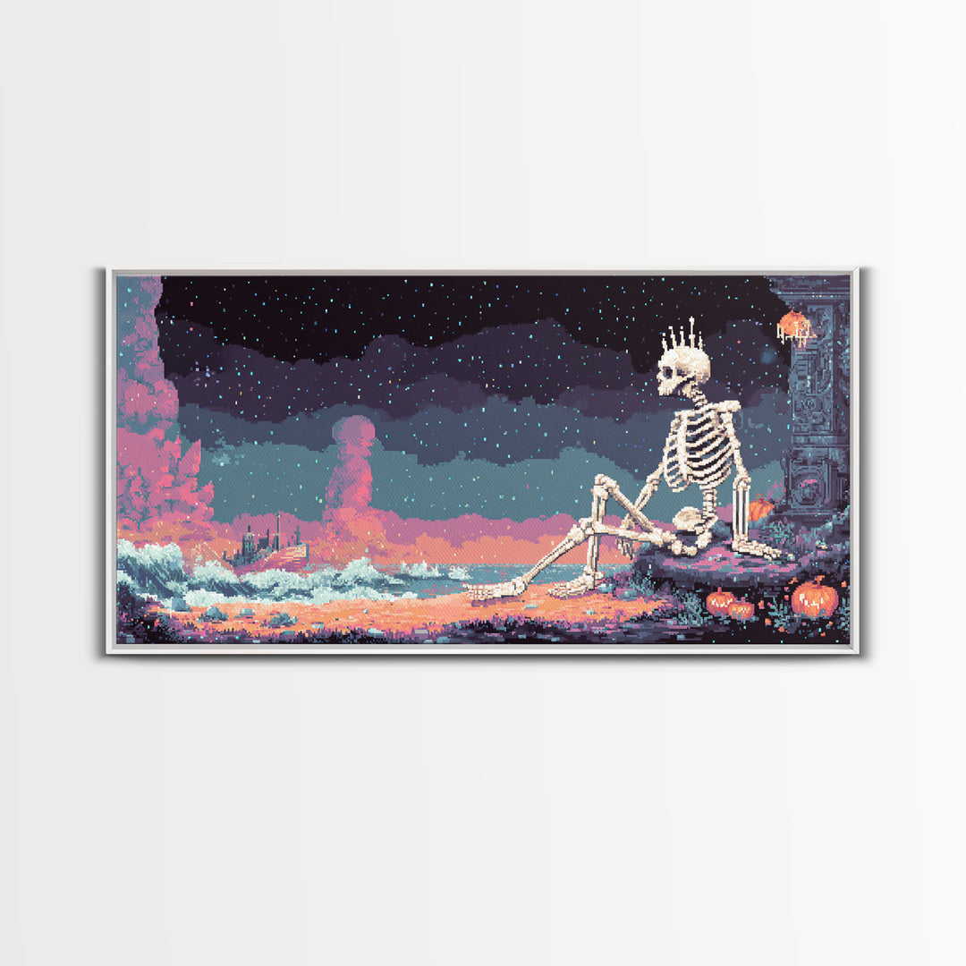 The Salt King Of The Black Shore, Vaporwave Halloween Decor, Wide Panoramic Art, Canvas Print, Retro Halloween Decor, Neon Wall Art