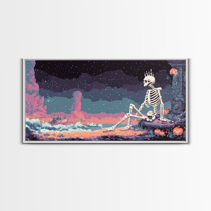 The Salt King Of The Black Shore, Vaporwave Halloween Decor, Wide Panoramic Art, Canvas Print, Retro Halloween Decor, Neon Wall Art