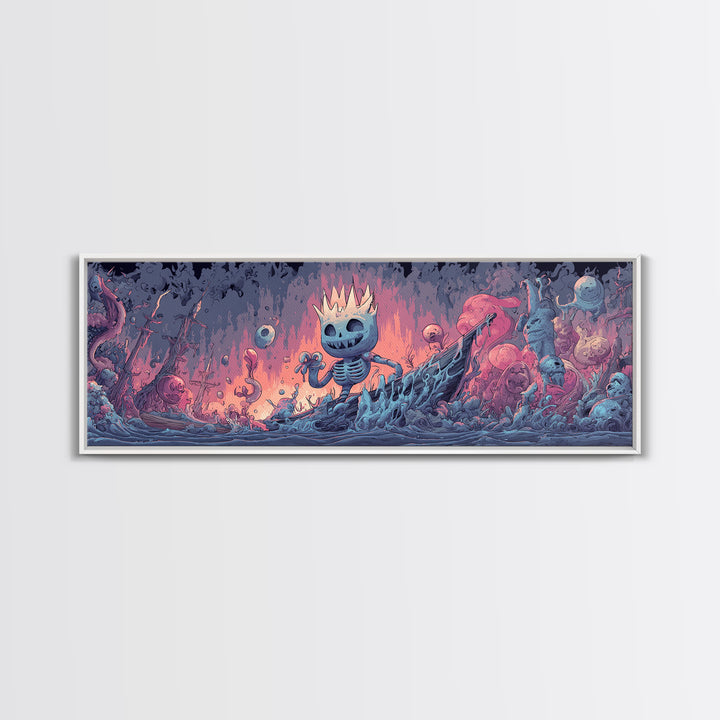 The Salt King Of The Black Shore, Cosmic Synthwave Horror, Extra Wide Wall Art, Canvas Print, Retro Halloween Decor, Neon Wall Art
