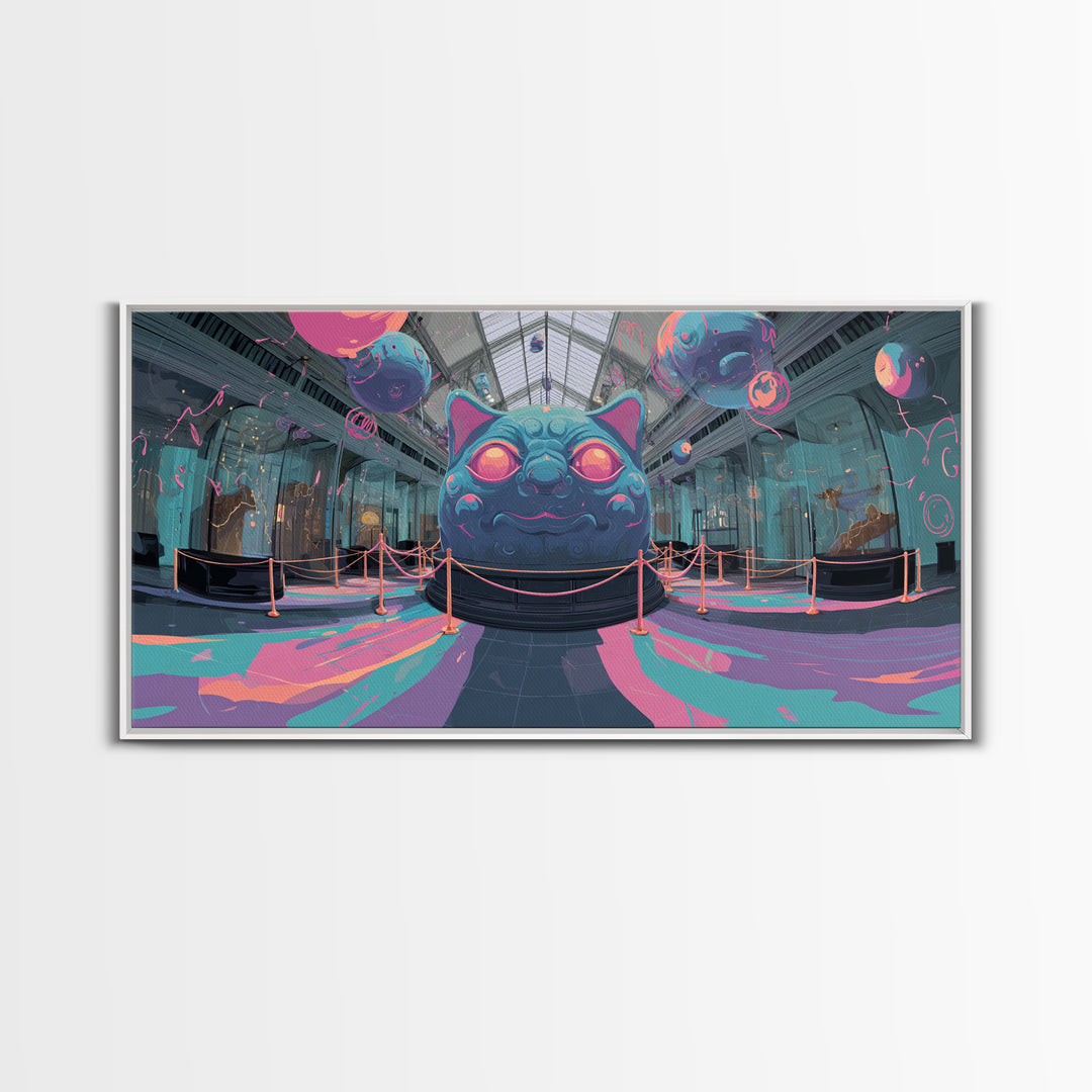 The Custodian Of The Whispering Idol, Cute Spooky Neon Art, Wide Panoramic Art, Canvas Print, Retro Halloween Decor, Neon Wall Art
