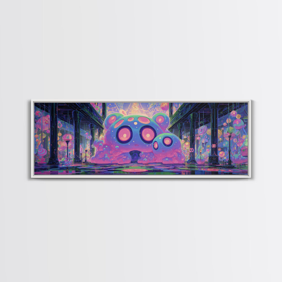The Custodian Of The Whispering Idol, Cute Eldritch Neon Art, Extra Wide Wall Art, Framed Canvas Print, Retro Halloween Decor, Neon Wall Art