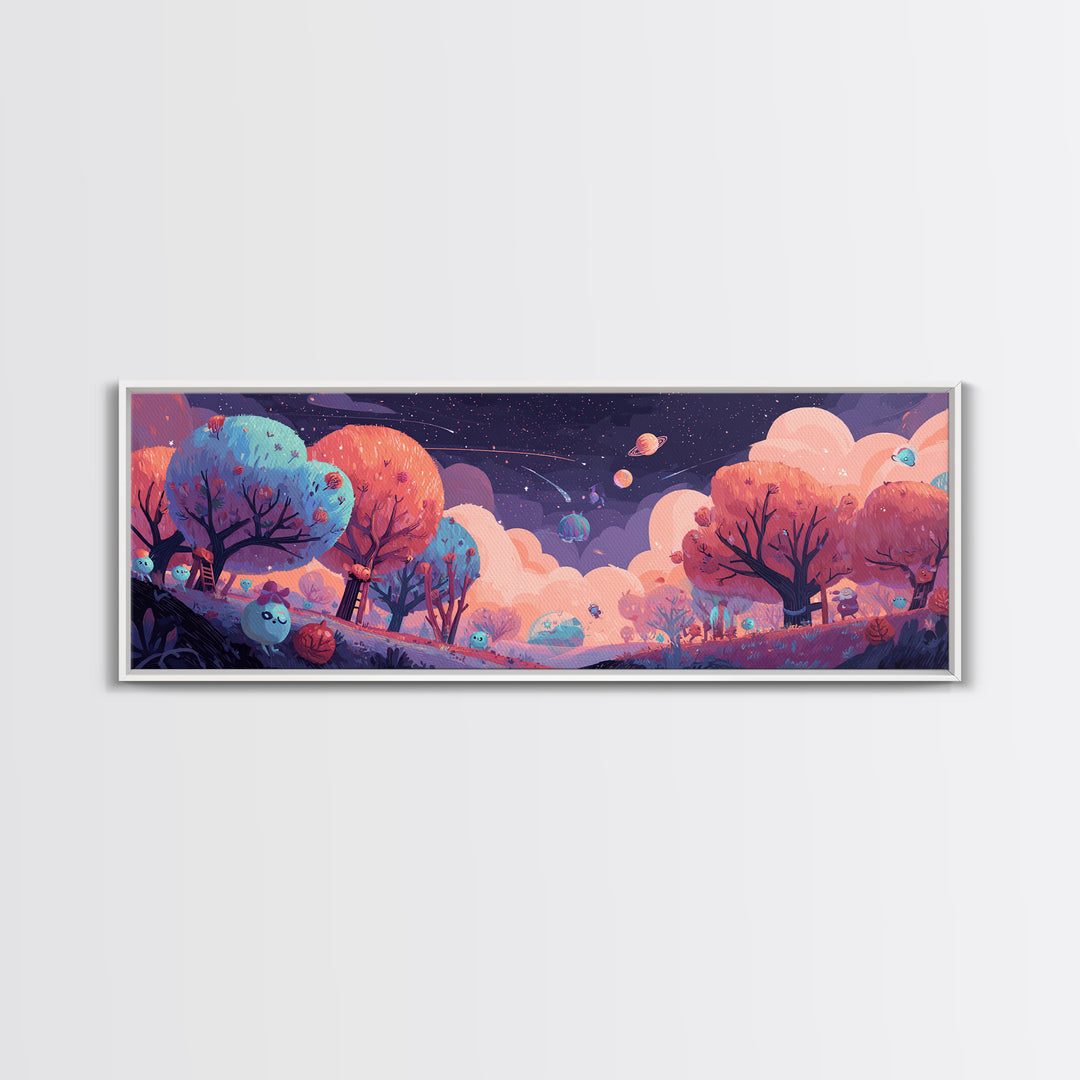 The Children Of The Star Orchard, Cosmic Synthwave Horror, Extra Wide Wall Art, Framed Canvas Print, Retro Halloween Decor, Neon Wall Art