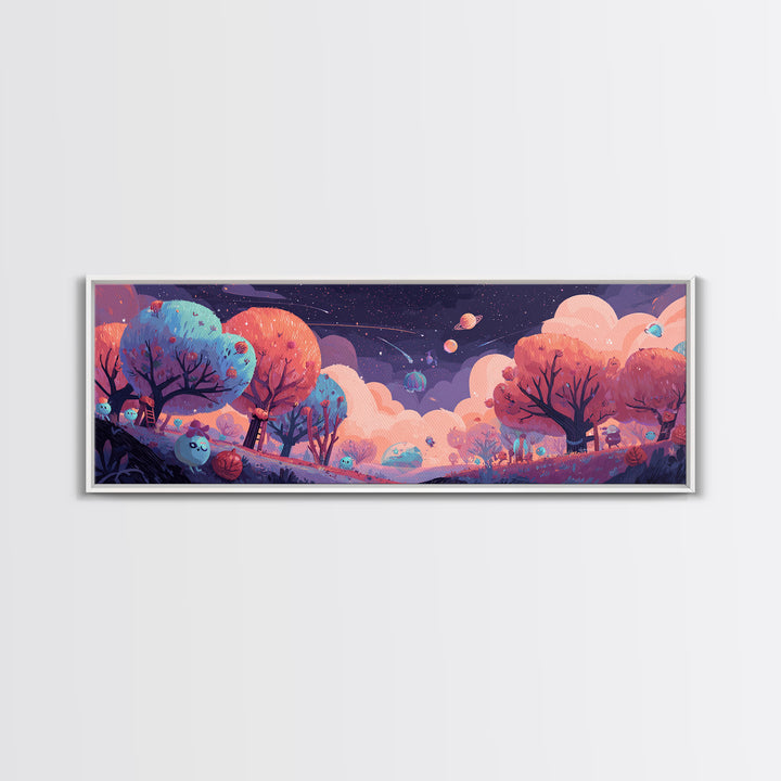 The Children Of The Star Orchard, Cosmic Synthwave Horror, Extra Wide Wall Art, Framed Canvas Print, Retro Halloween Decor, Neon Wall Art