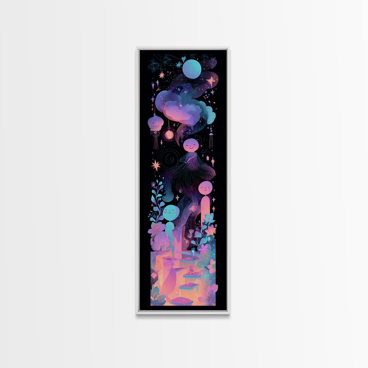 The Seamstress Of Living Nebulae, Vaporwave Halloween Decor, Tall Narrow Wall Art, Canvas Print, Retro Halloween Decor, Neon Wall Art