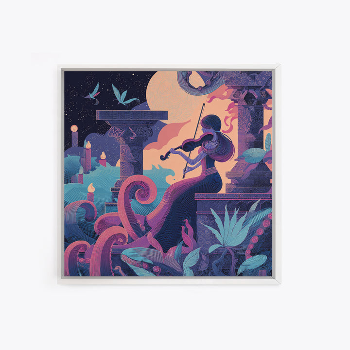 The Violinist Of The Drowned Moon, Cute Eldritch Neon Art, Square Wall Art, Canvas Print, Retro Halloween Decor, Neon Wall Art