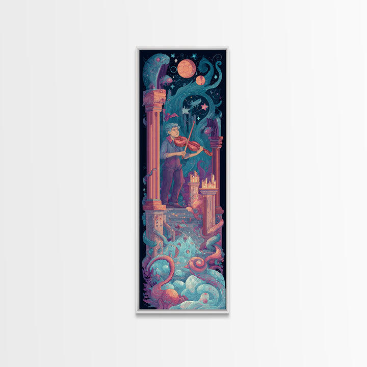 The Violinist Of The Drowned Moon, Synthwave Halloween Art, Tall Narrow Wall Art, Canvas Print, Retro Halloween Decor, Neon Wall Art