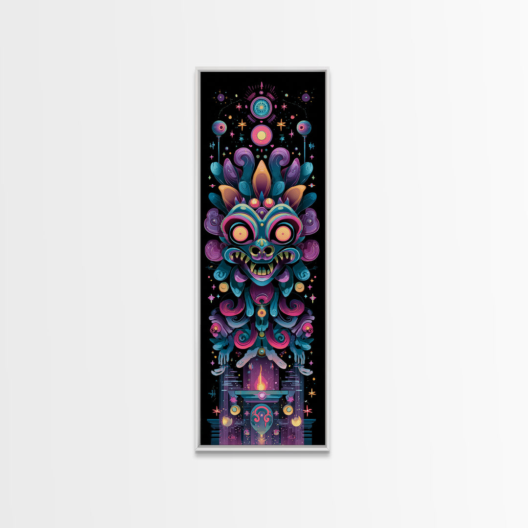 The Mask Of The Crawling God, Synthwave Halloween Art, Tall Narrow Wall Art, Framed Canvas Print, Retro Halloween Decor, Neon Wall Art