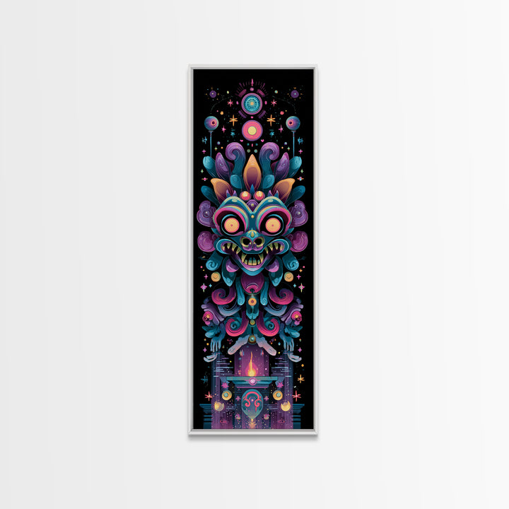 The Mask Of The Crawling God, Synthwave Halloween Art, Tall Narrow Wall Art, Framed Canvas Print, Retro Halloween Decor, Neon Wall Art