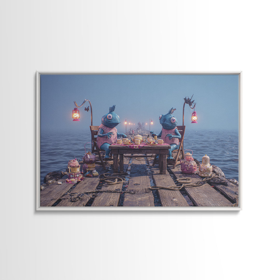 The Tea Party At Innsmouth Pier, 80s Halloween Wall Art, Landscape Wall Art, Framed Canvas Print, Retro Halloween Decor, Neon Wall Art