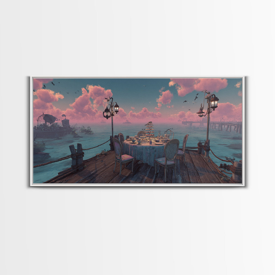 The Tea Party At Innsmouth Pier, Cute Eldritch Neon Art, Wide Panoramic Art, Canvas Print, Retro Halloween Decor, Neon Wall Art