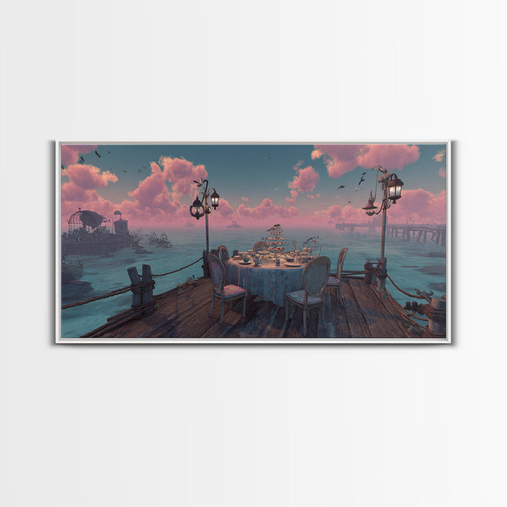 The Tea Party At Innsmouth Pier, Cute Eldritch Neon Art, Wide Panoramic Art, Canvas Print, Retro Halloween Decor, Neon Wall Art