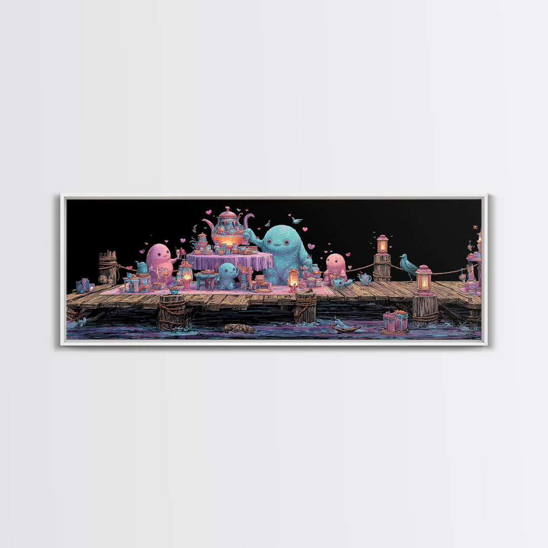 The Tea Party At Innsmouth Pier, Cute Eldritch Neon Art, Extra Wide Wall Art, Canvas Print, Retro Halloween Decor, Neon Wall Art