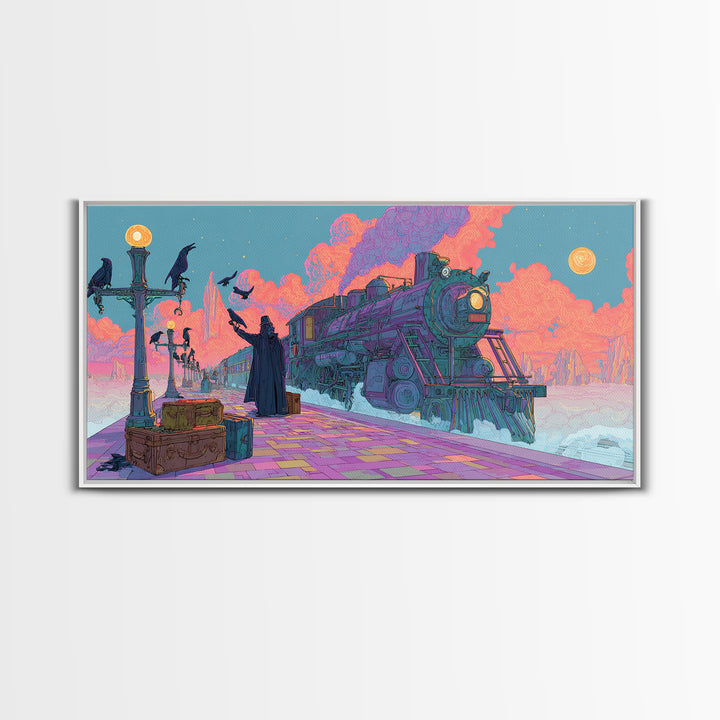 The Phantom Train To Kadath, Cute Spooky Neon Art, Wide Panoramic Art, Framed Canvas Print, Retro Halloween Decor, Neon Wall Art