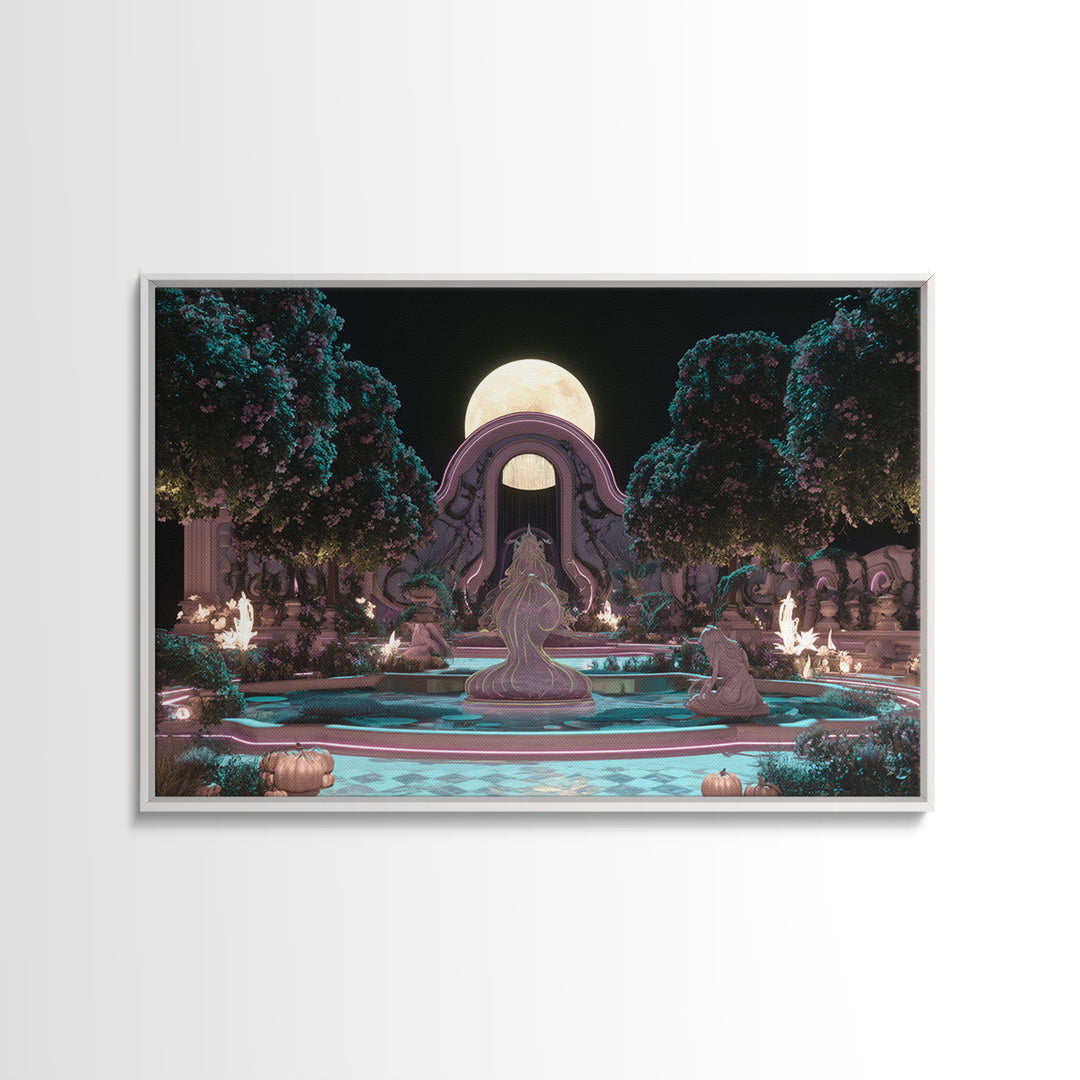 The Garden Of The Eyeless Moon, Synthwave Halloween Art, Landscape Wall Art, Framed Canvas Print, Retro Halloween Decor, Neon Wall Art