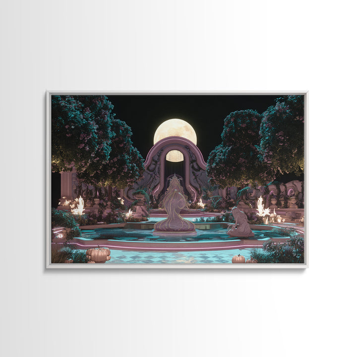 The Garden Of The Eyeless Moon, Synthwave Halloween Art, Landscape Wall Art, Framed Canvas Print, Retro Halloween Decor, Neon Wall Art