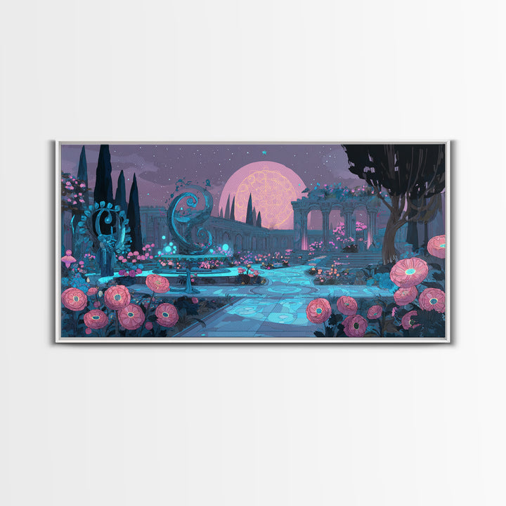 The Garden Of The Eyeless Moon, Synthwave Halloween Art, Wide Panoramic Art, Framed Canvas Print, Retro Halloween Decor, Neon Wall Art