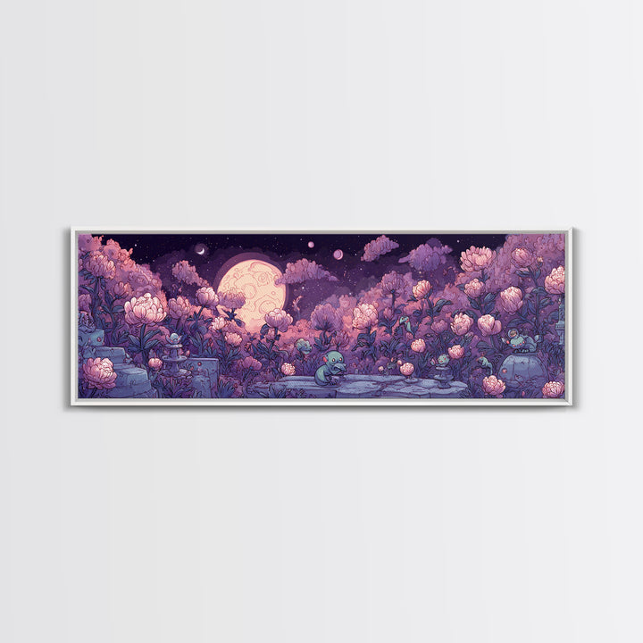 The Garden Of The Eyeless Moon, Synthwave Halloween Art, Extra Wide Wall Art, Framed Canvas Print, Retro Halloween Decor, Neon Wall Art