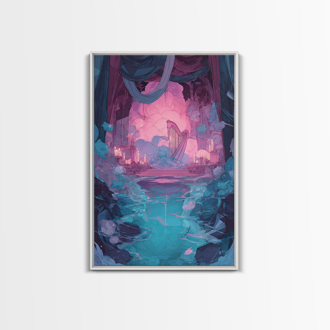 The Harpist Of Abyssal Sleep, Cute Eldritch Neon Art, Vertical Wall Art, Canvas Print, Retro Halloween Decor, Neon Wall Art
