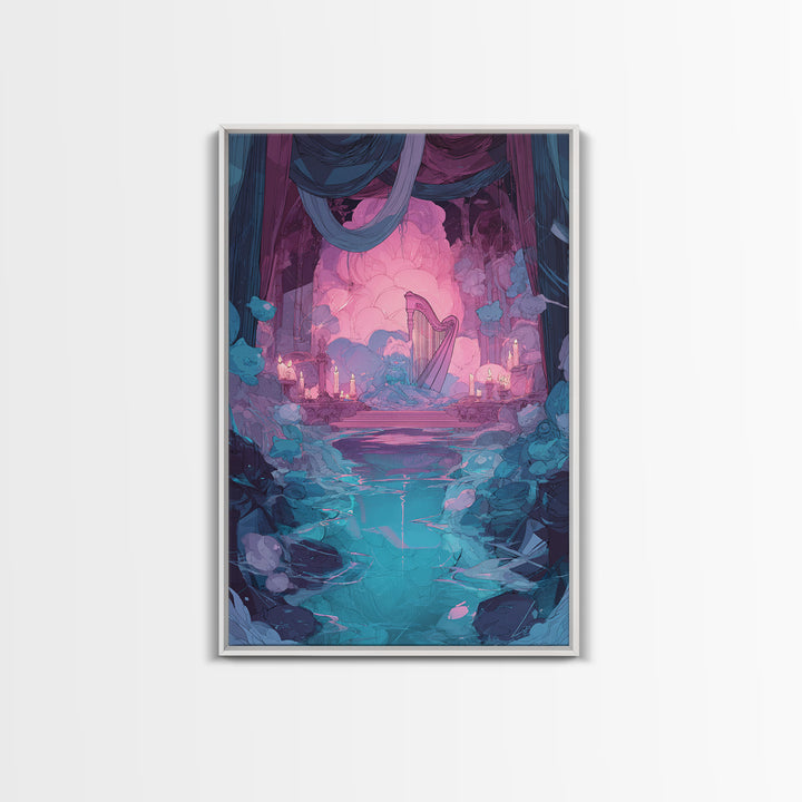 The Harpist Of Abyssal Sleep, Cute Eldritch Neon Art, Vertical Wall Art, Canvas Print, Retro Halloween Decor, Neon Wall Art