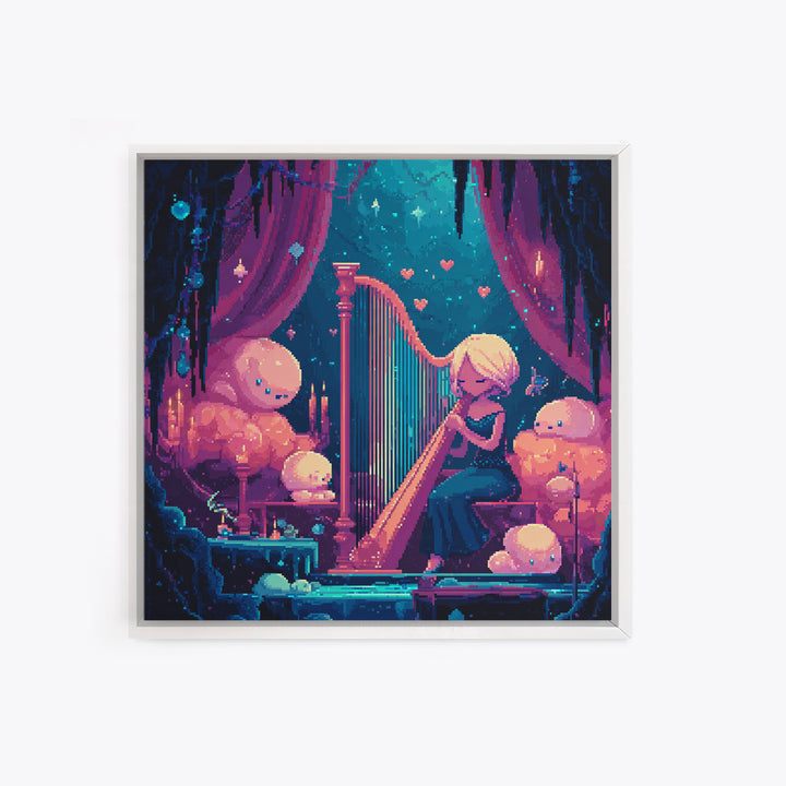 The Harpist Of Abyssal Sleep, Retro Neon Halloween Art, Square Wall Art, Framed Canvas Print, Retro Halloween Decor, Neon Wall Art