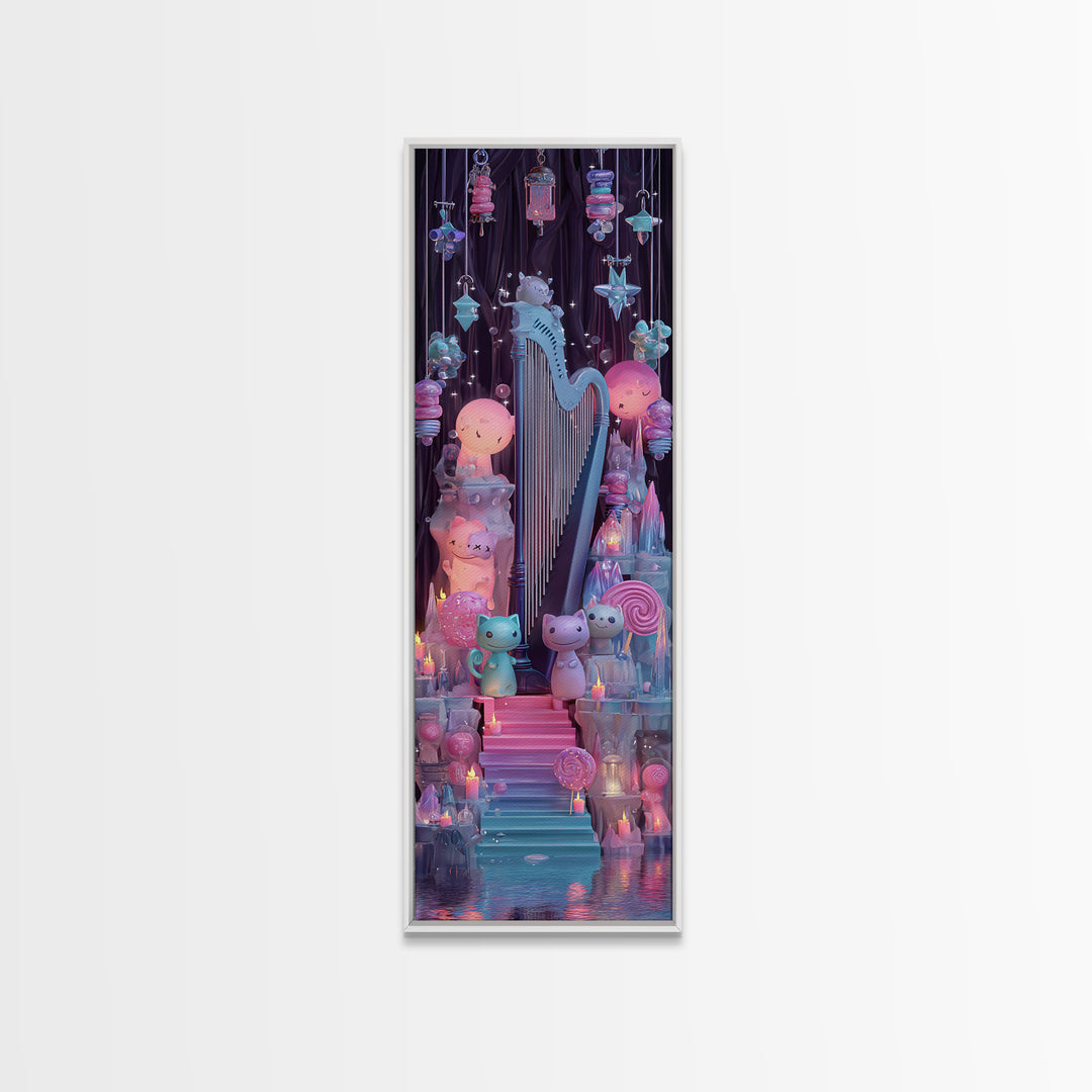 The Harpist Of Abyssal Sleep, 80s Halloween Wall Art, Tall Narrow Wall Art, Canvas Print, Retro Halloween Decor, Neon Wall Art