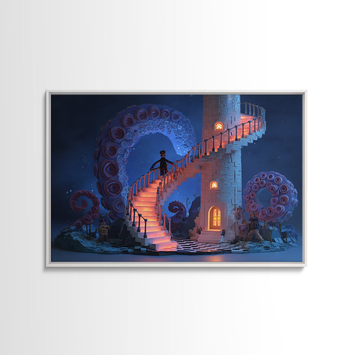 The Last Lighthouse Of Y’Ha-Nthlei, Cute Spooky Neon Art, Landscape Wall Art, Framed Canvas Print, Retro Halloween Decor, Neon Wall Art