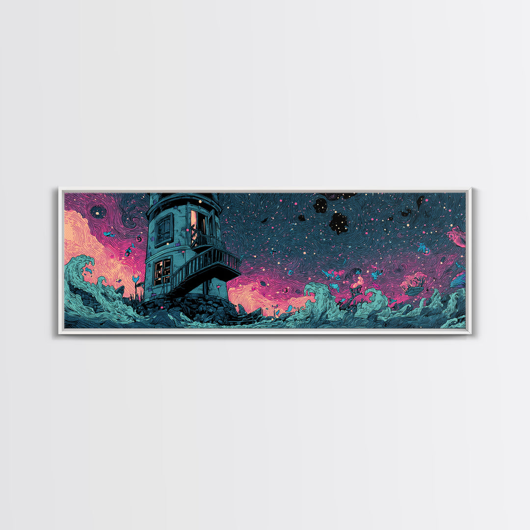 The Last Lighthouse Of Y’Ha-Nthlei, Synthwave Halloween Art, Extra Wide Wall Art, Framed Canvas Print, Retro Halloween Decor, Neon Wall Art