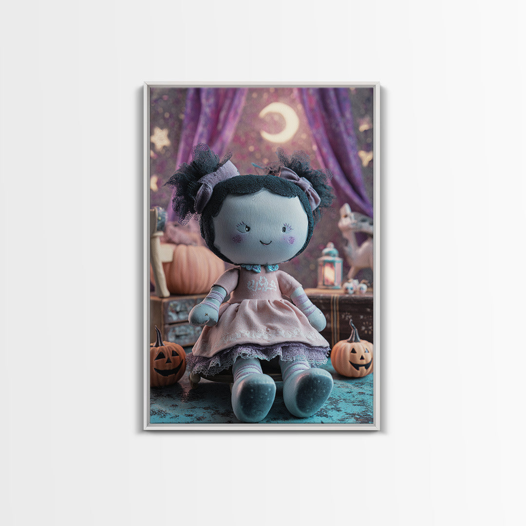 The Doll From Beyond The Void, Retro Neon Halloween Art, Vertical Wall Art, Framed Canvas Print, Retro Halloween Decor, Neon Wall Art