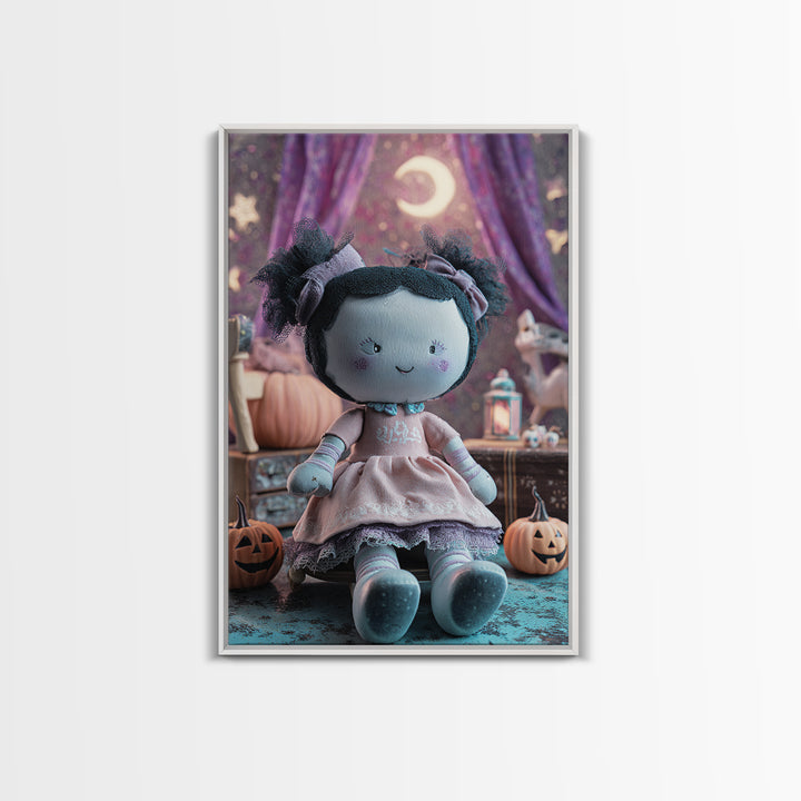 The Doll From Beyond The Void, Retro Neon Halloween Art, Vertical Wall Art, Framed Canvas Print, Retro Halloween Decor, Neon Wall Art