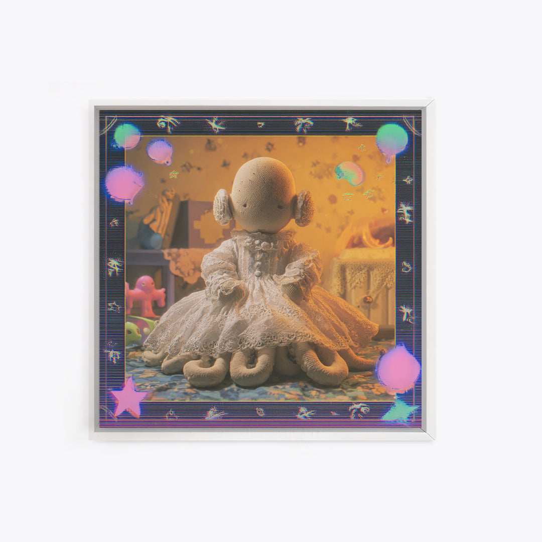 The Doll From Beyond The Void, Cosmic Synthwave Horror, Square Wall Art, Framed Canvas Print, Retro Halloween Decor, Neon Wall Art