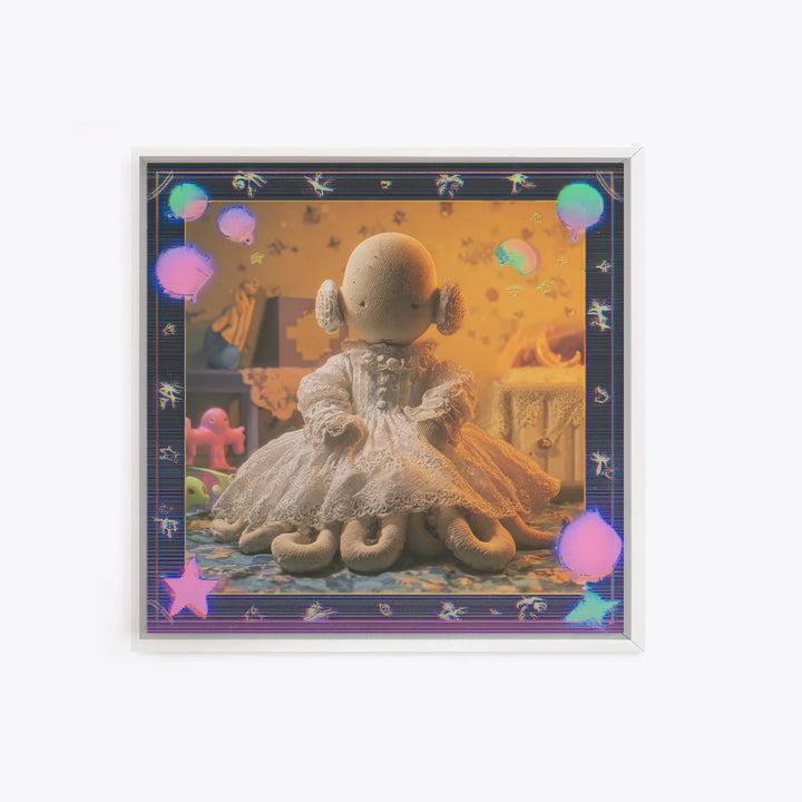 The Doll From Beyond The Void, Cosmic Synthwave Horror, Square Wall Art, Framed Canvas Print, Retro Halloween Decor, Neon Wall Art