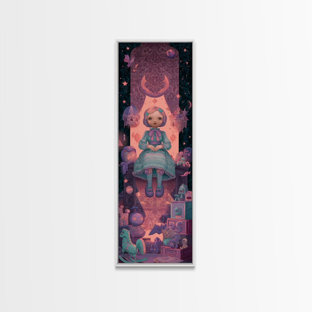 The Doll From Beyond The Void, 80s Halloween Wall Art, Tall Narrow Wall Art, Canvas Print, Retro Halloween Decor, Neon Wall Art