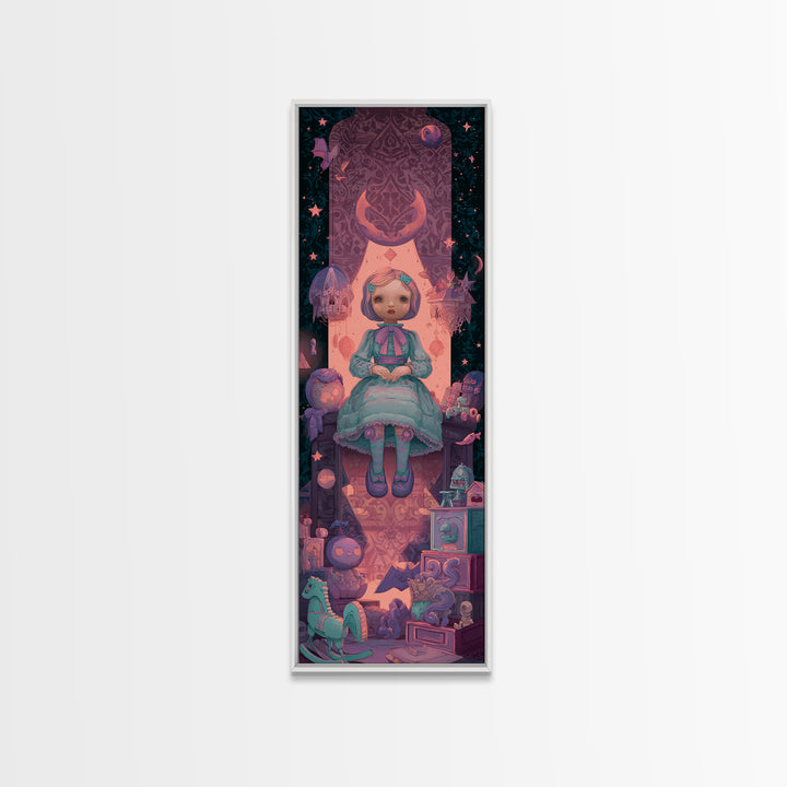 The Doll From Beyond The Void, 80s Halloween Wall Art, Tall Narrow Wall Art, Canvas Print, Retro Halloween Decor, Neon Wall Art