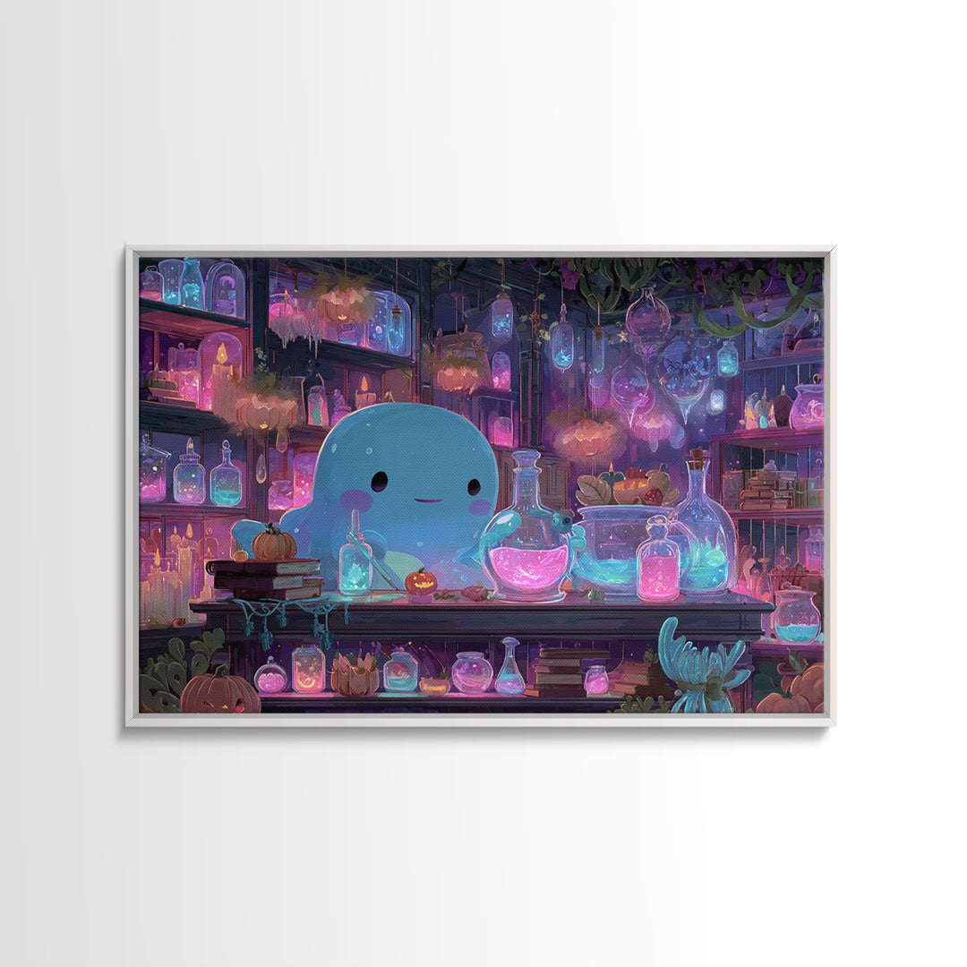 The Apothecary Of Black Seashell Dreams, Cosmic Synthwave Horror, Landscape Wall Art, Framed Canvas Print, Retro Halloween Decor