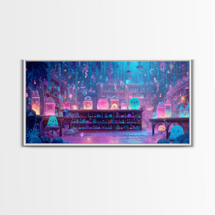 The Apothecary Of Black Seashell Dreams, Cute Eldritch Neon Art, Wide Panoramic Art, Canvas Print, Retro Halloween Decor, Neon Wall Art