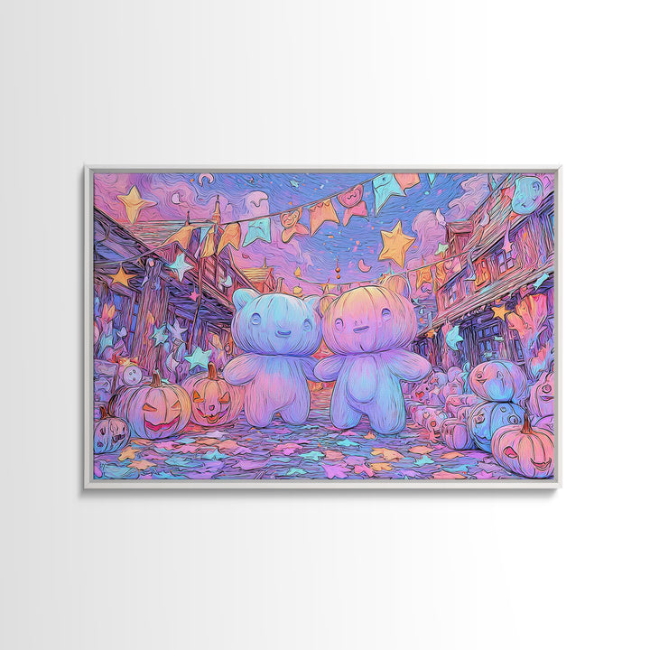 The Festival Of The Little Old Ones, Synthwave Halloween Art, Landscape Wall Art, Framed Canvas Print, Retro Halloween Decor, Neon Wall Art