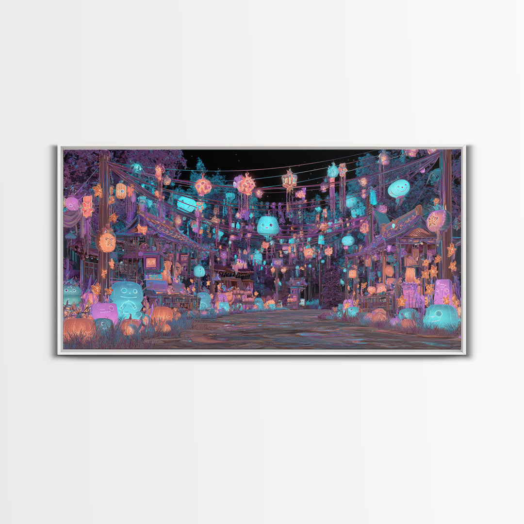 The Festival Of The Little Old Ones, Cute Eldritch Neon Art, Wide Panoramic Art, Canvas Print, Retro Halloween Decor, Neon Wall Art