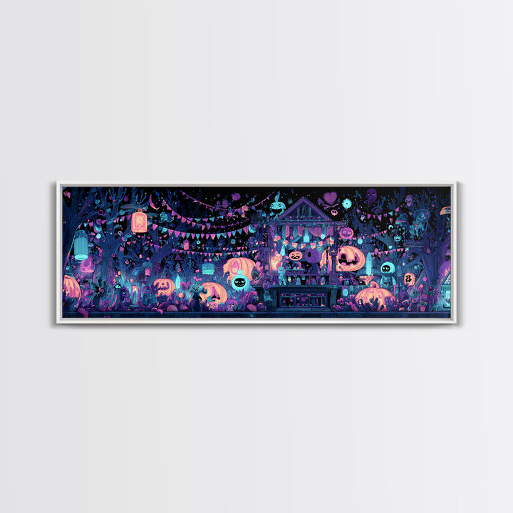 The Festival Of The Little Old Ones, Vaporwave Halloween Decor, Extra Wide Wall Art, Framed Canvas Print, Retro Halloween Decor