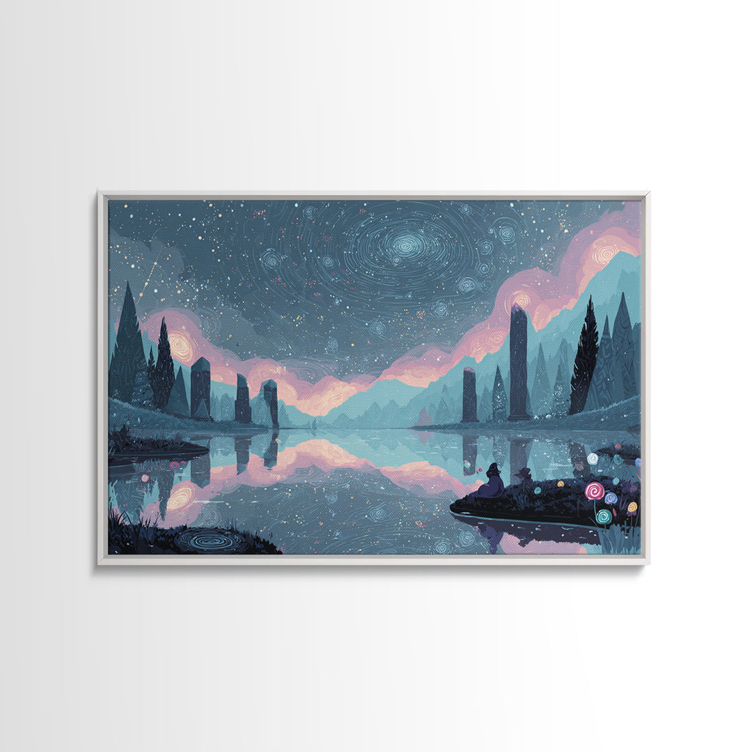 The Mirror Lake Of Lost Constellations, 80s Halloween Wall Art, Landscape Wall Art, Framed Canvas Print, Retro Halloween Decor