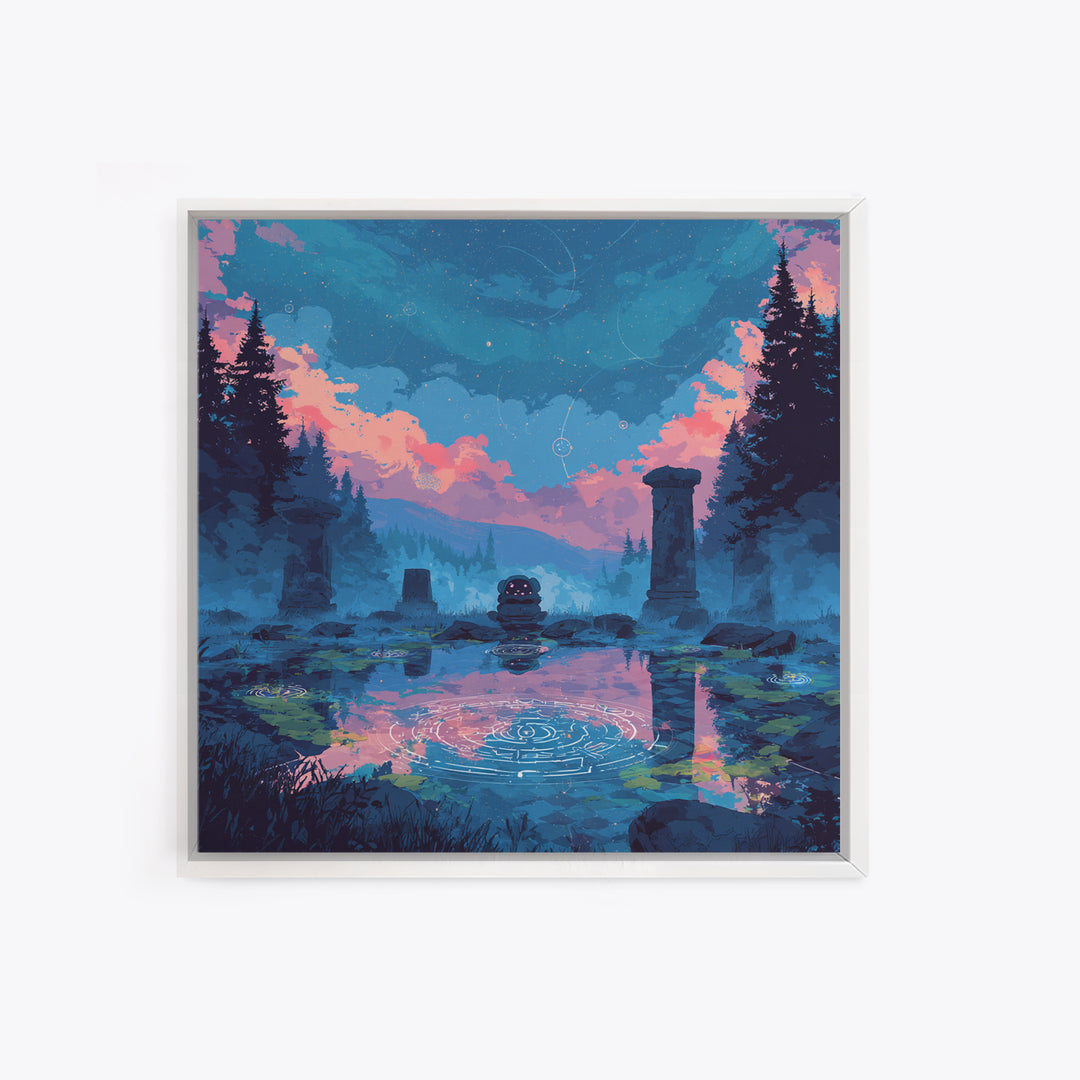 The Mirror Lake Of Lost Constellations, 80s Halloween Wall Art, Square Wall Art, Canvas Print, Retro Halloween Decor, Neon Wall Art