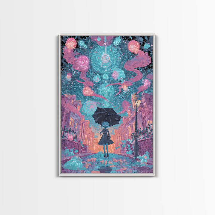 The Umbrella Of The Outer Rain, Retro Neon Halloween Art, Vertical Wall Art, Framed Canvas Print, Retro Halloween Decor, Neon Wall Art