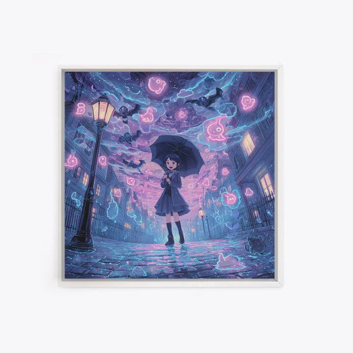 The Umbrella Of The Outer Rain, Cute Spooky Neon Art, Square Wall Art, Canvas Print, Retro Halloween Decor, Neon Wall Art