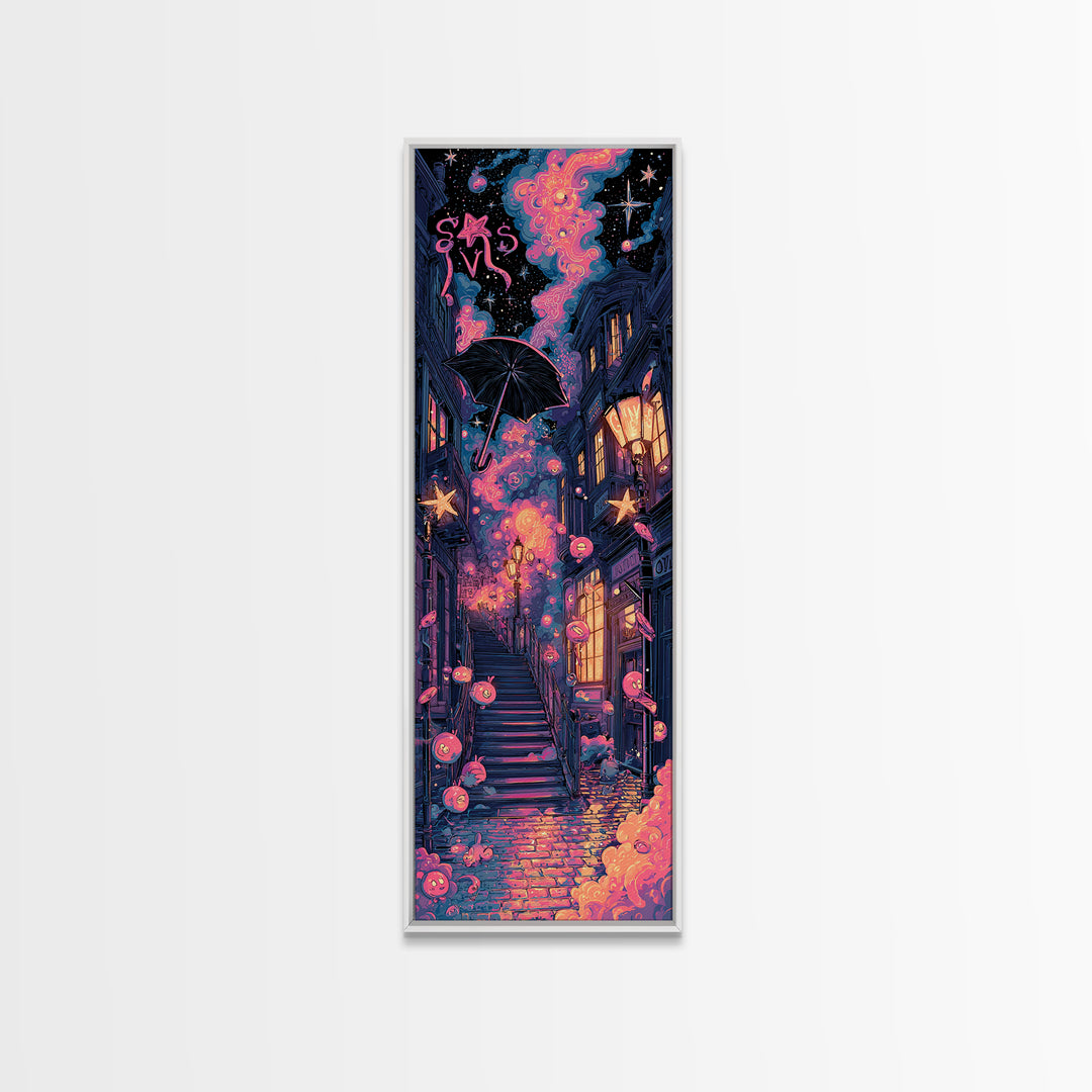 The Umbrella Of The Outer Rain, Cute Spooky Neon Art, Tall Narrow Wall Art, Canvas Print, Retro Halloween Decor, Neon Wall Art