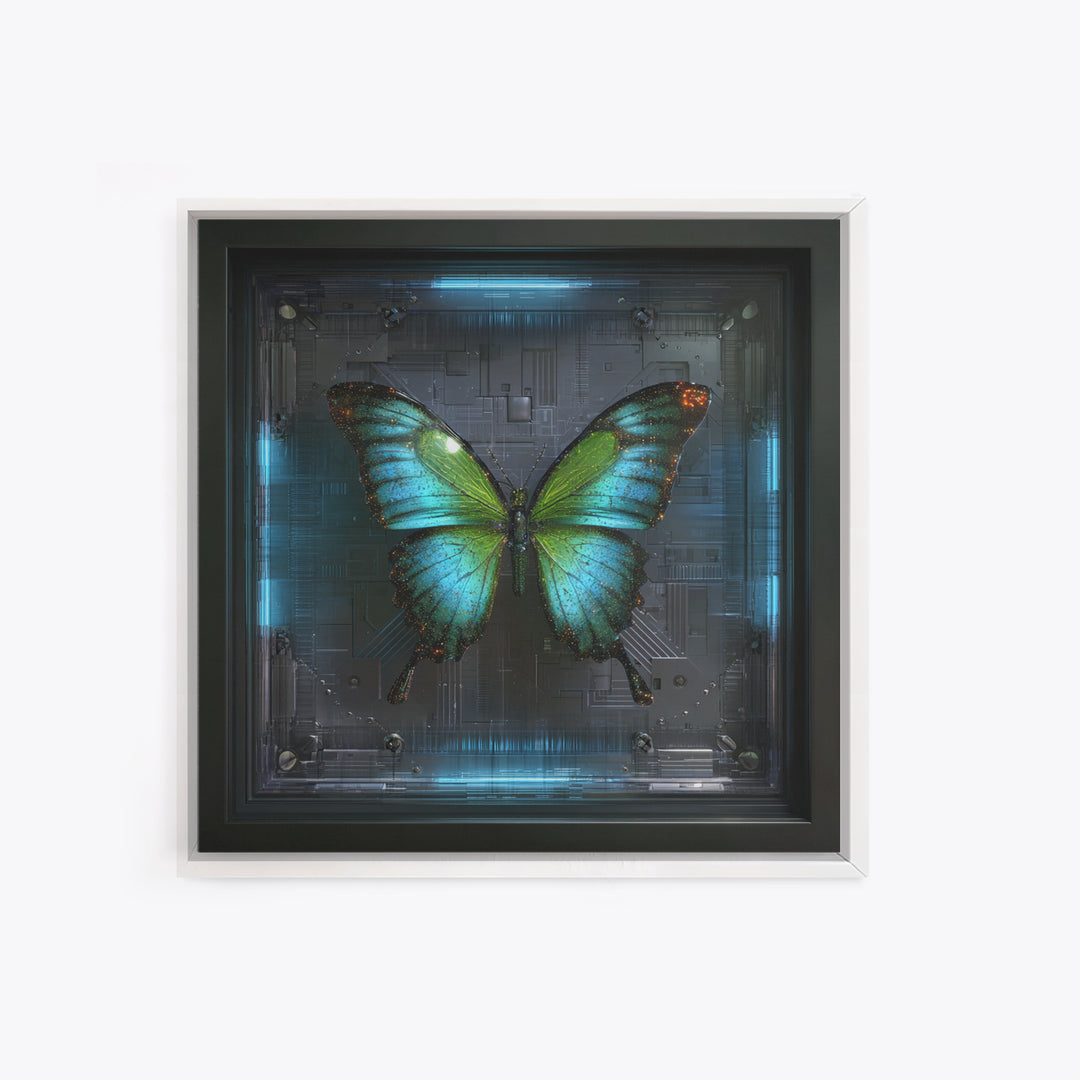 Holographic Butterfly over Black Metal Surface Canvas Print, Cyberpunk Art, Japanese Art, Living Room Decor, Fine Art, Neon, CYB-1x1-19