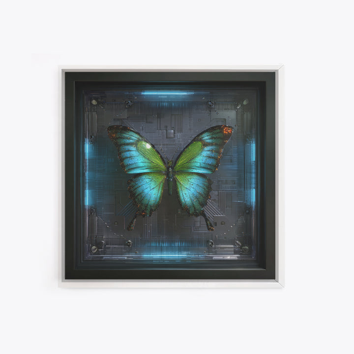 Holographic Butterfly over Black Metal Surface Canvas Print, Cyberpunk Art, Japanese Art, Living Room Decor, Fine Art, Neon, CYB-1x1-19