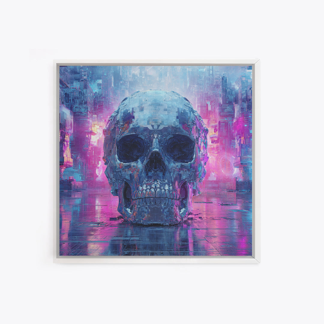 Cyberpunk Skull with Chrome and Violet Light Canvas Print, Cyberpunk Art, Art Print, Living Room Decor, Fine Art, Neon, CYB-1x1-20