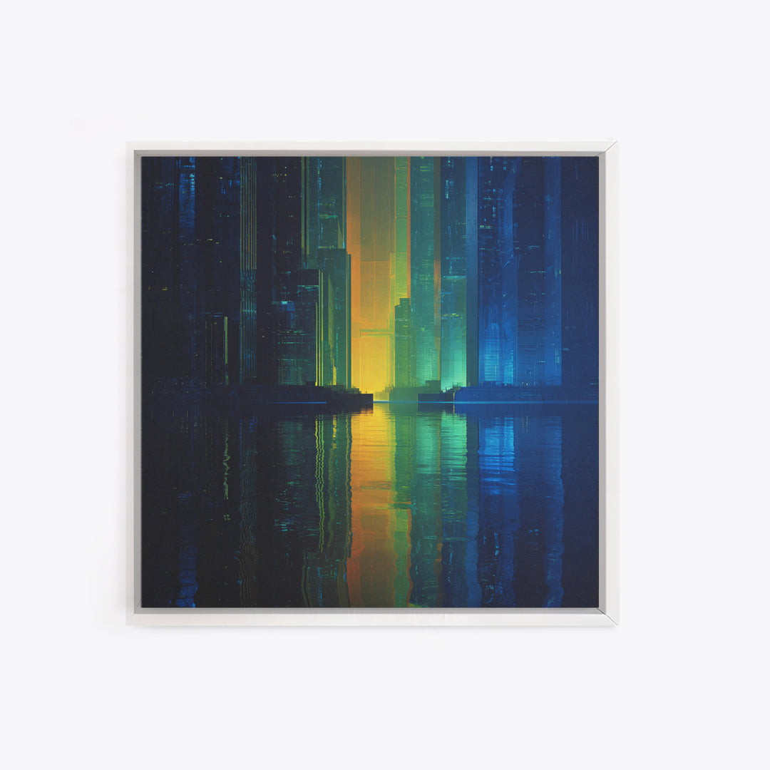 Neon Skyline Reflected Canvas Print, Cyberpunk Art, Man Cave Decor, Living Room Decor, Fine Art, Neon, Fine Art Print, CYB-1x1-22