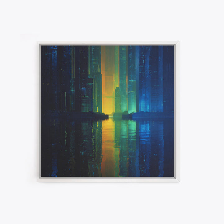 Neon Skyline Reflected Canvas Print, Cyberpunk Art, Man Cave Decor, Living Room Decor, Fine Art, Neon, Fine Art Print, CYB-1x1-22