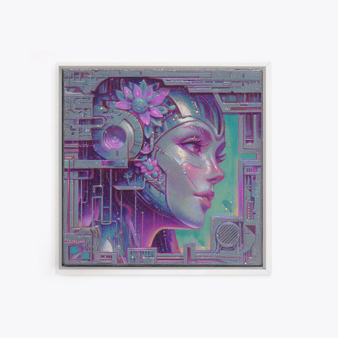 Android Woman with Glowing Circuitry and Flowers Canvas Print, Cyberpunk Art, Blue Wall Art, Living Room Decor, Neon, CYB-1x1-27